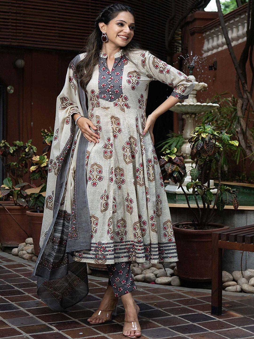 weavllite women cream-coloured ethnic motifs printed empire pure cotton kurta with trousers & with dupatta