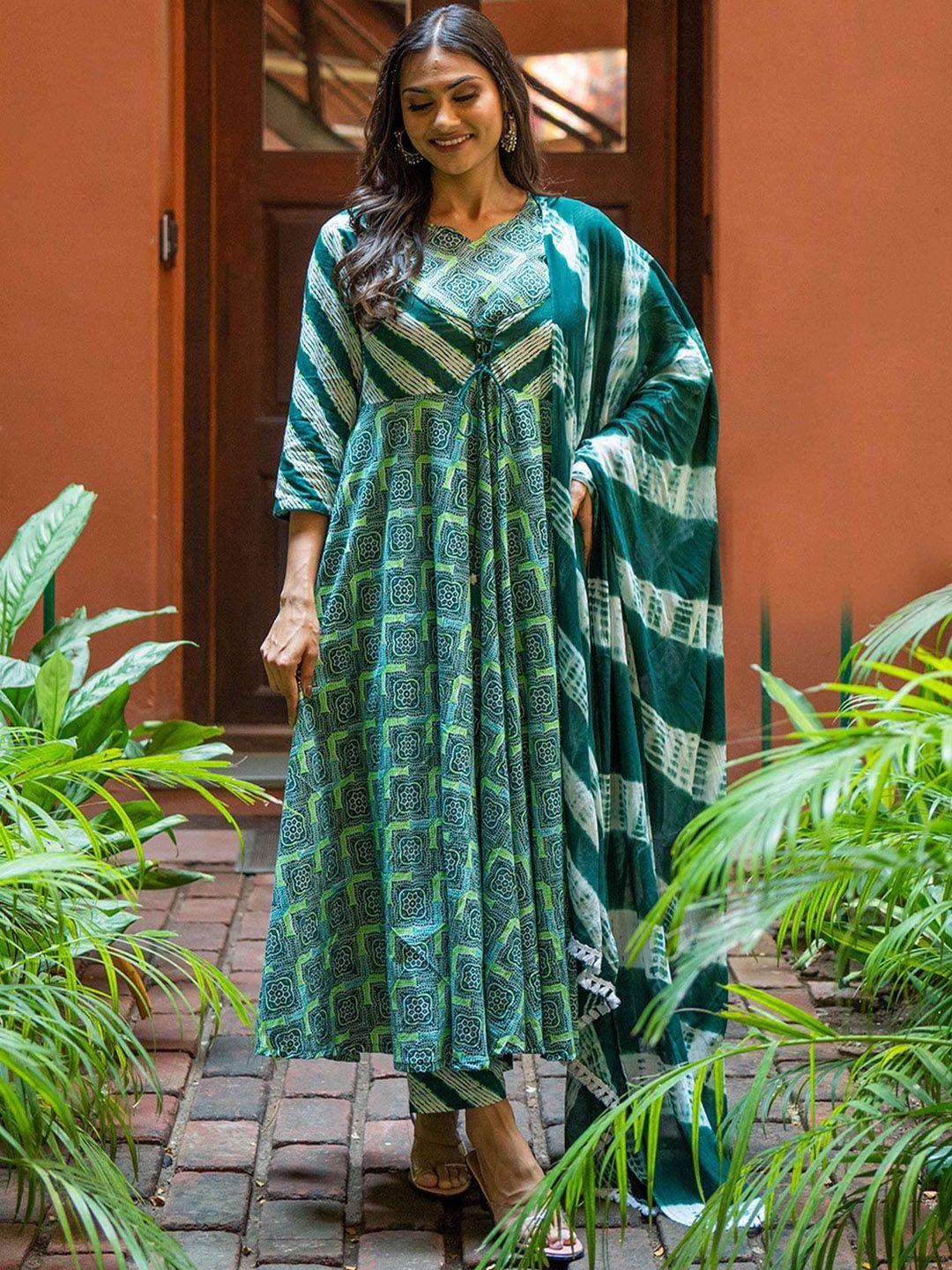 weavllite women green ethnic motifs printed empire pure cotton kurta with trousers & with dupatta