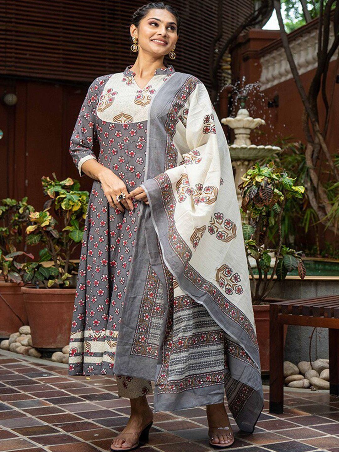 weavllite women grey ethnic motifs printed empire pure cotton kurta with trousers & with dupatta