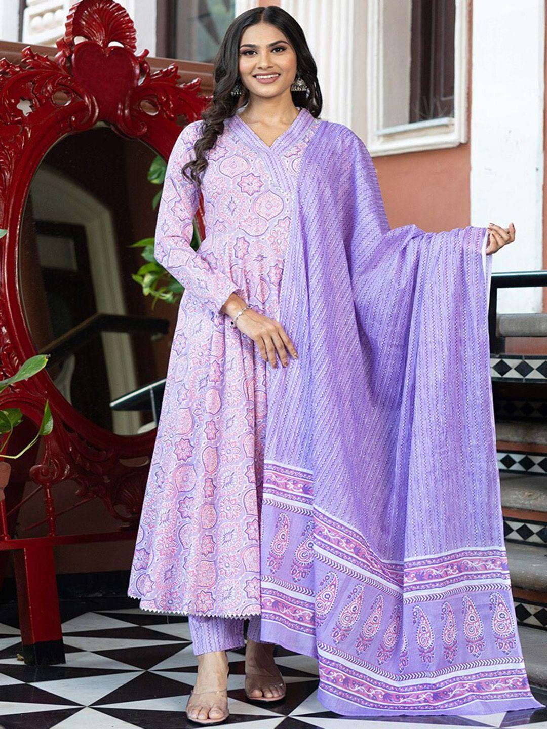 weavllite women lavender ethnic motifs printed empire pure cotton kurta with trousers & with dupatta