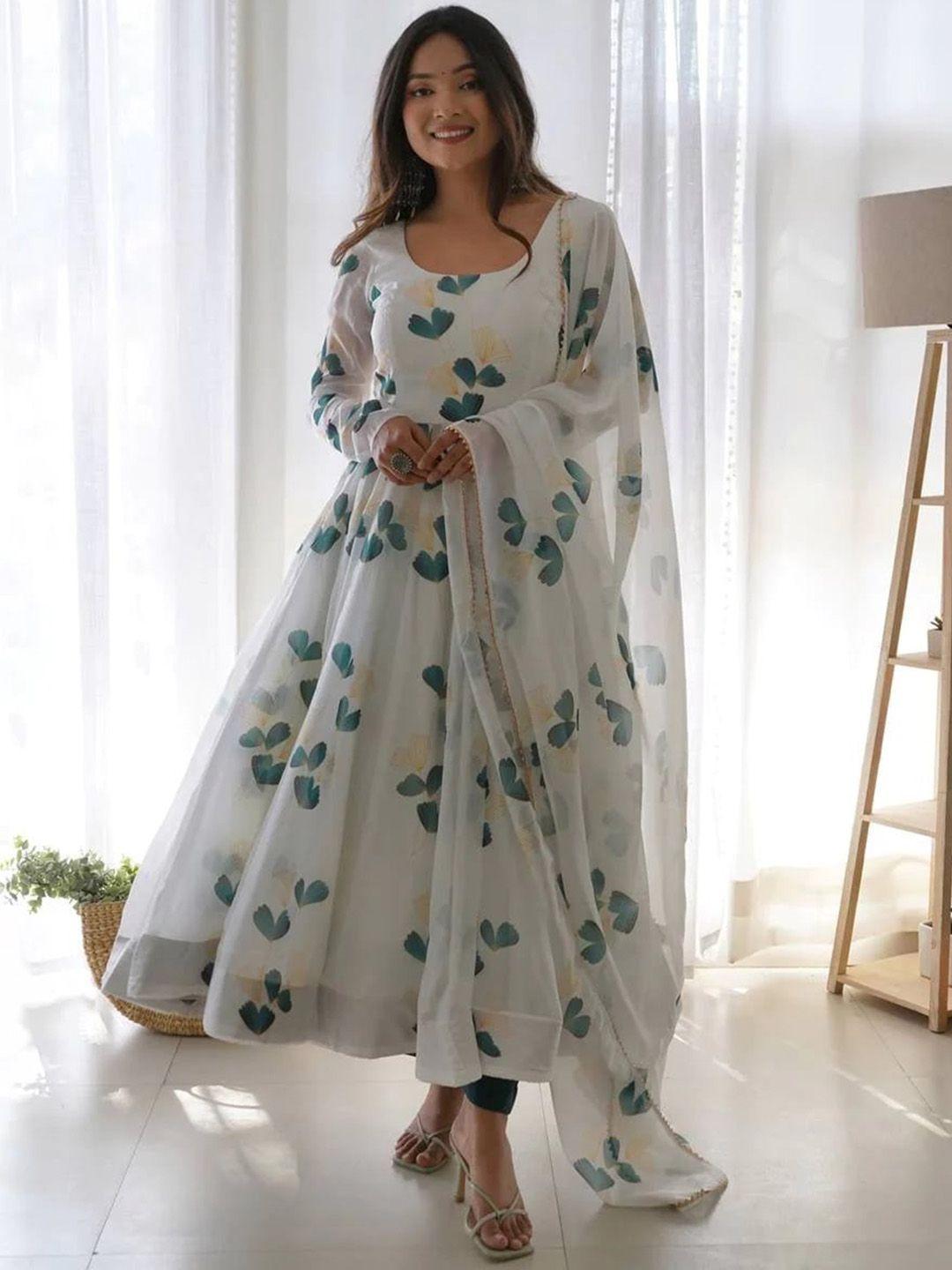 wedani floral printed round neck anarkali kurta with trousers & dupatta