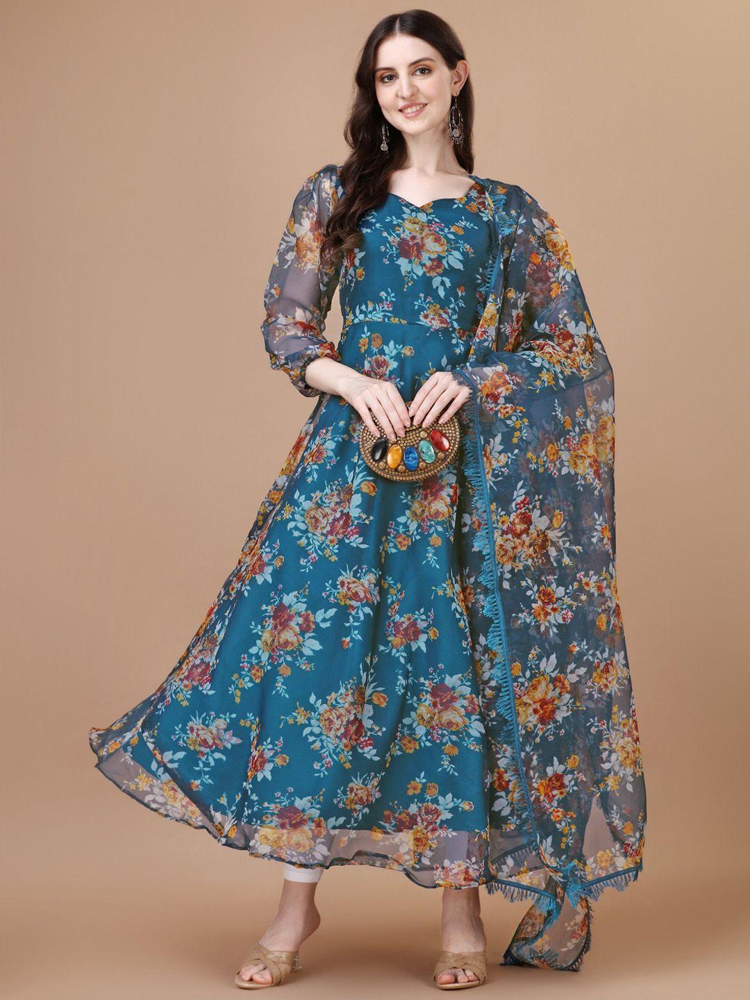 wedani floral printed v-neck anarkali kurta with trousers & dupatta