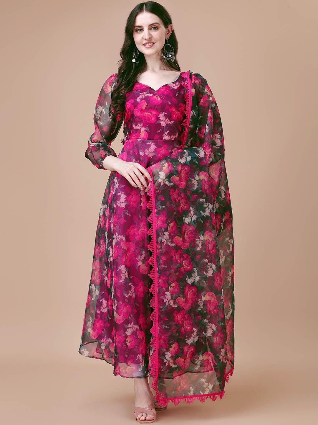 wedani floral printed v-neck anarkali kurta with trousers & dupatta