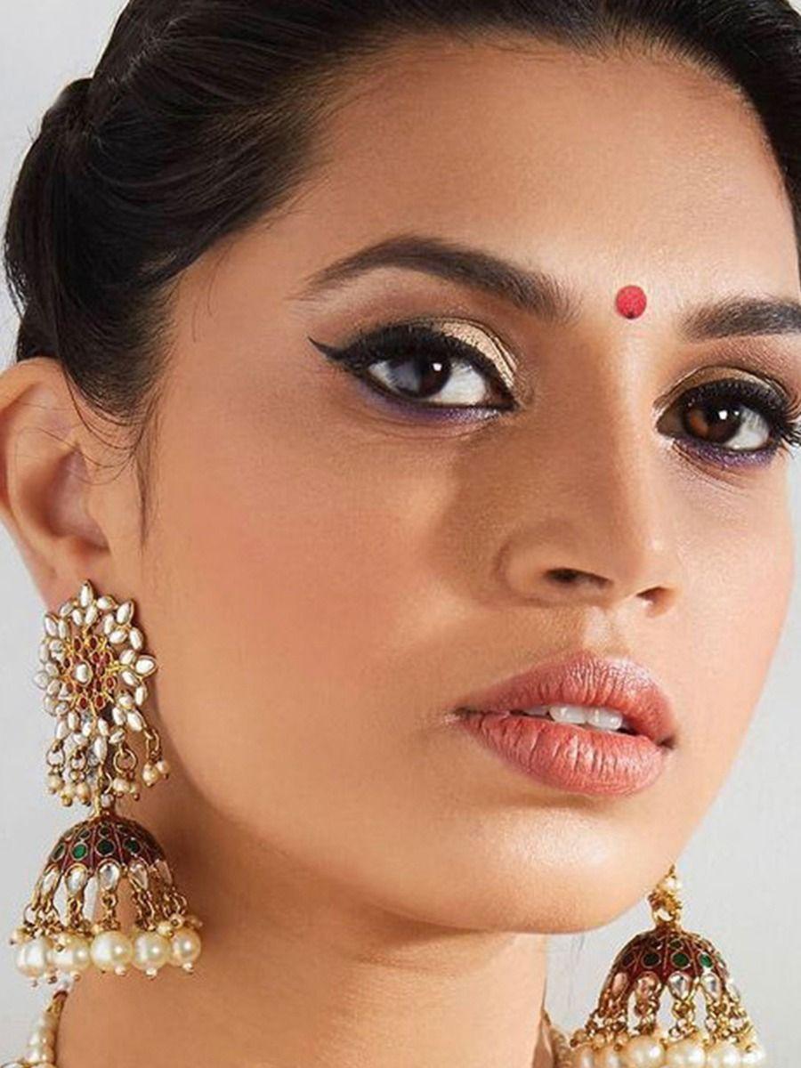 wedding ethnic gold kundan stone enamel jhumka earrings for women