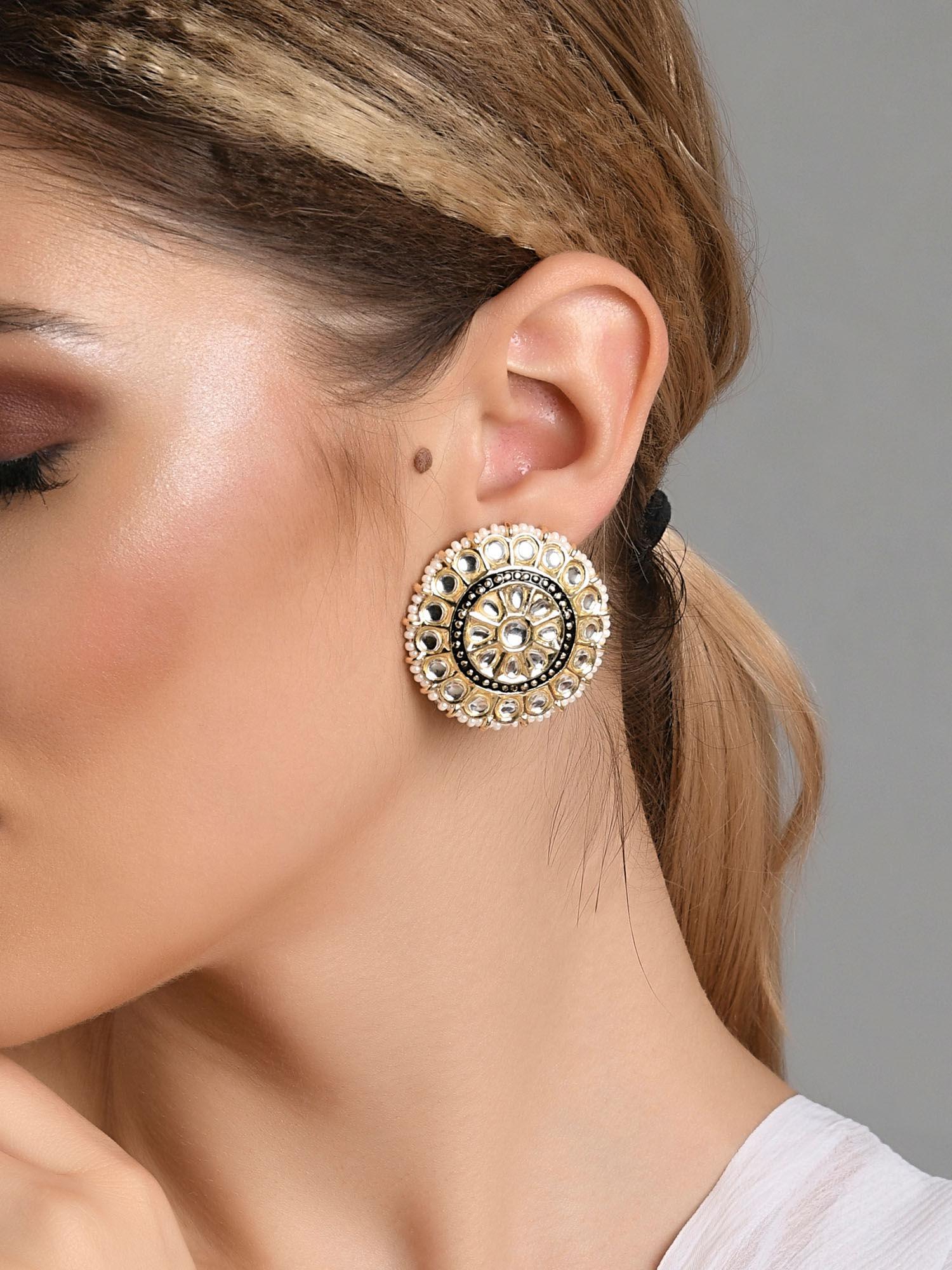 wedding ethnic gold plated floral meenakari kundan pearl stud earring for women
