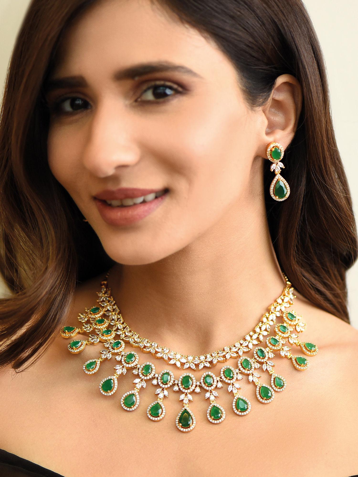 wedding luxurious american diamond and green stone layered jewellery set for women