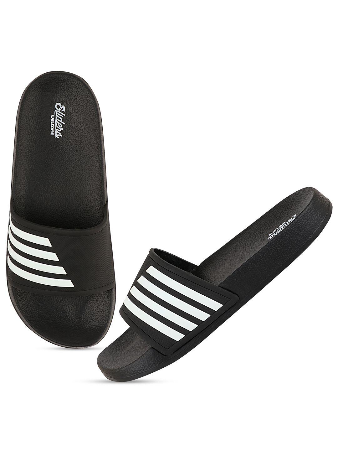 welcome men black & white striped sliders flip flop
