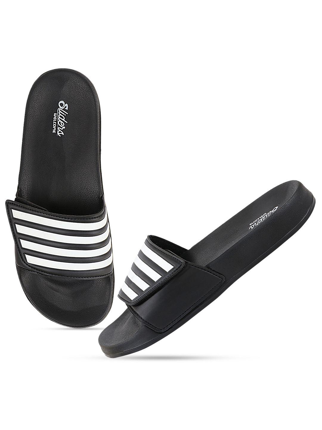 welcome men black & white striped sliders