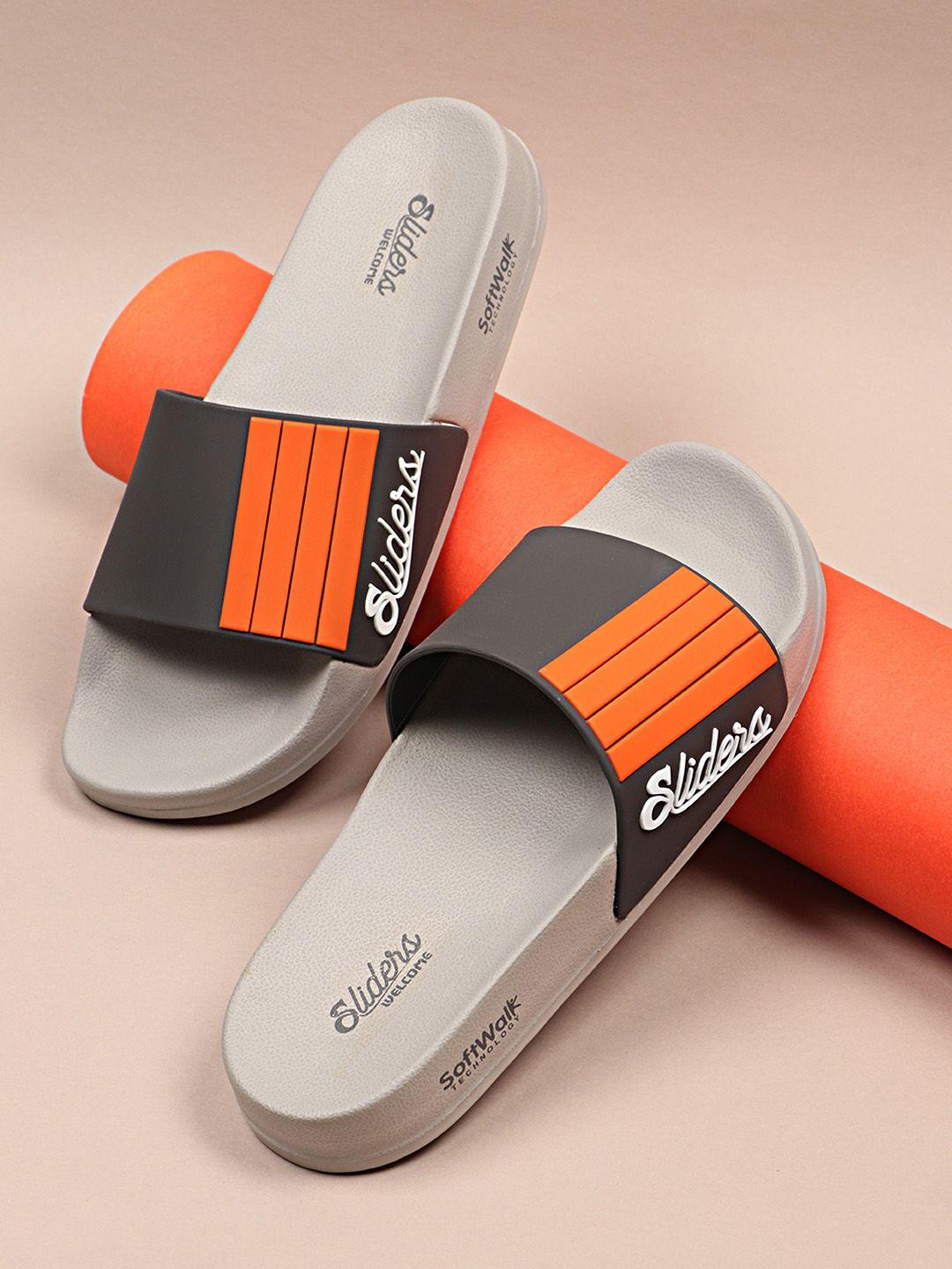 welcome men grey & orange striped sliders