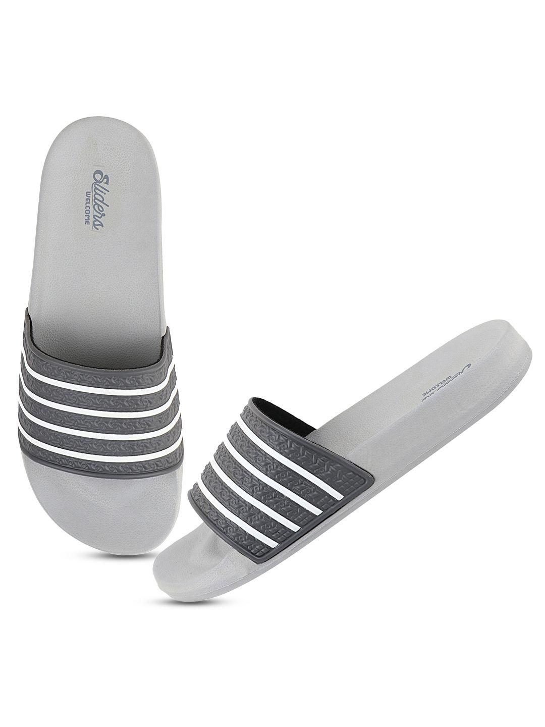 welcome men grey & white striped sliders