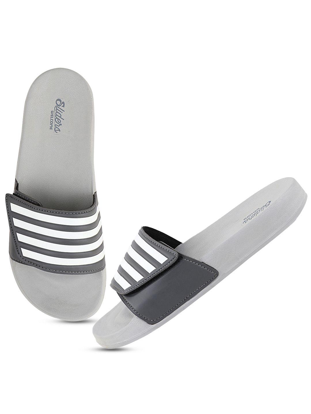 welcome men grey & white striped sliders