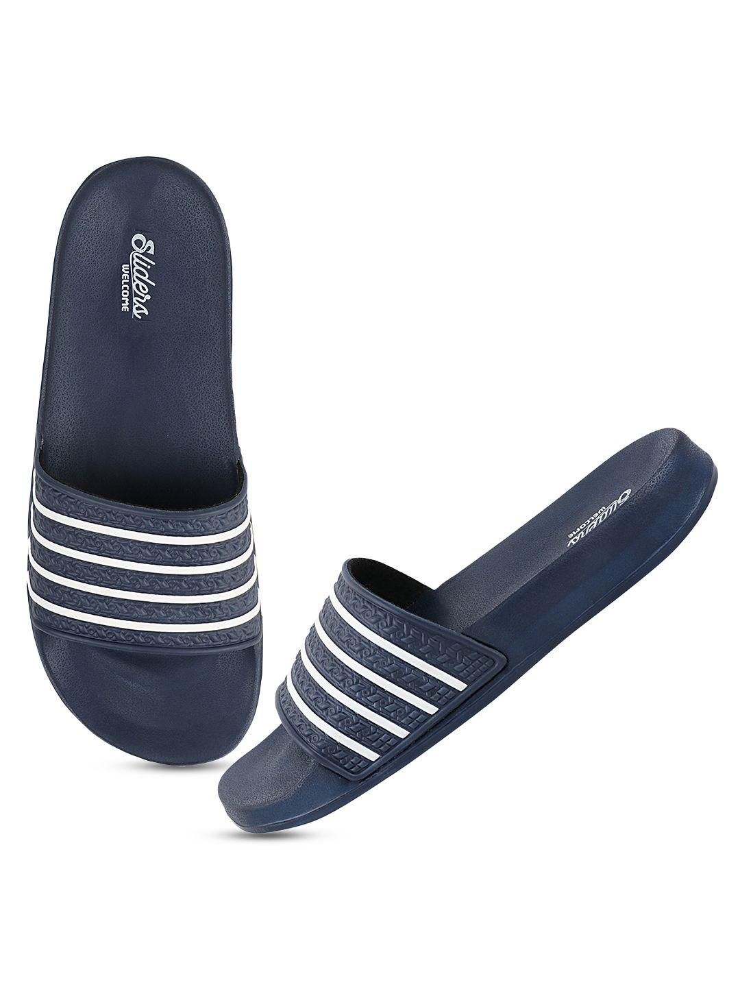 welcome men navy blue striped sliders