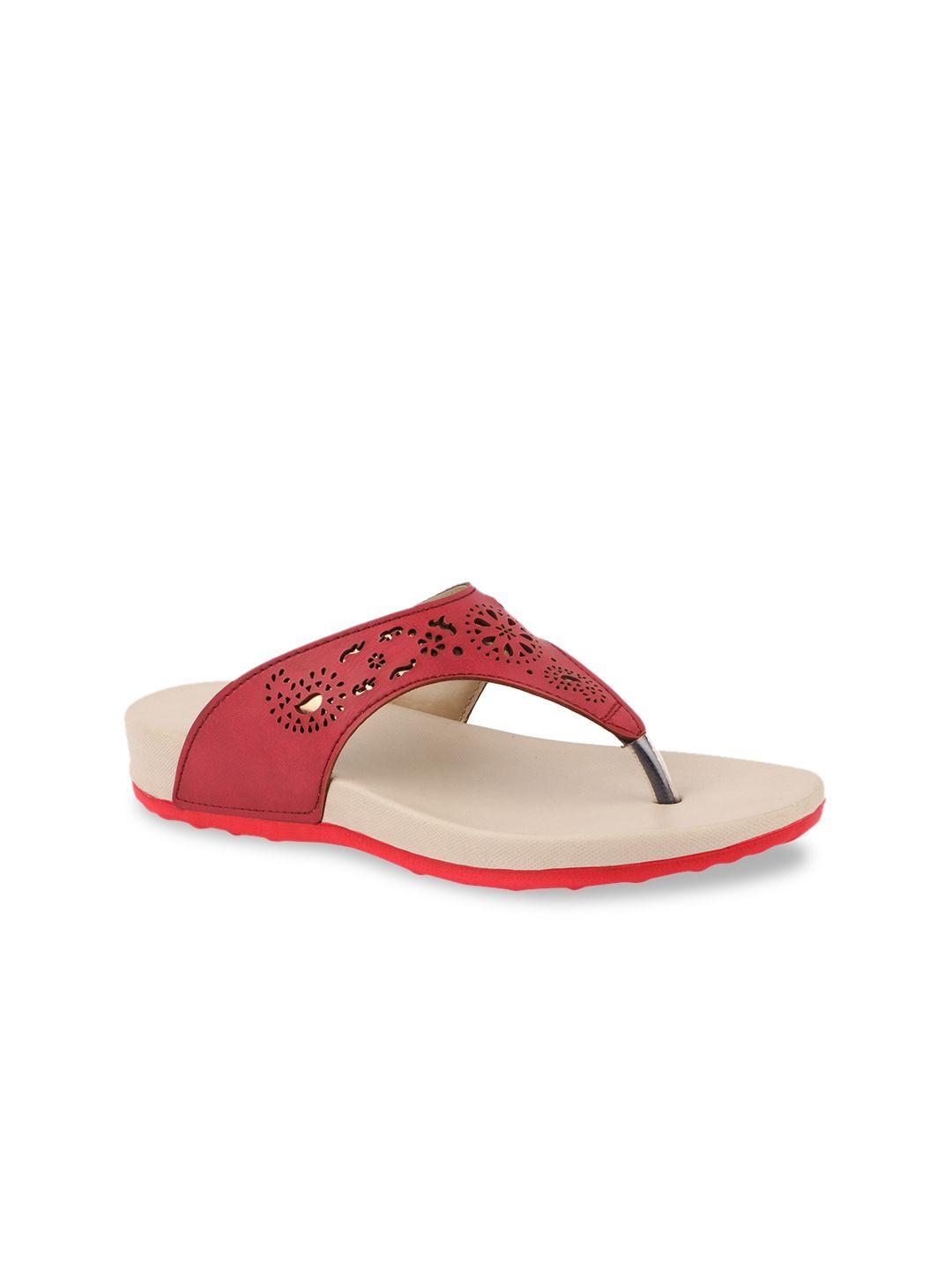 welcome women red t-strap flats with laser cuts