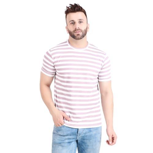 well quality sap knit polyester round neck half sleeve striped t-shirt for men (tan)