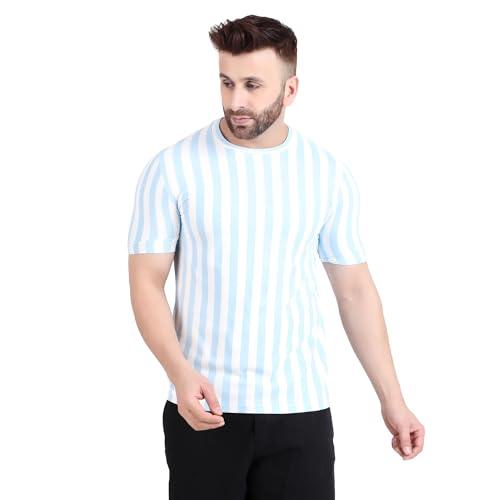 well quality sap knit polyester round neck half sleeve striped tshirt for men (sky)