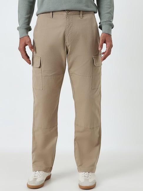 wes casuals by westside beige cargo-style relaxed-fit mid-rise cotton blend chinos