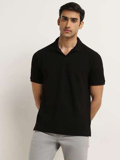 wes casuals by westside black knitted relaxed-fit polo cotton t-shirt