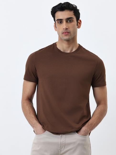 wes casuals by westside brown solid slim-fit cotton t-shirt