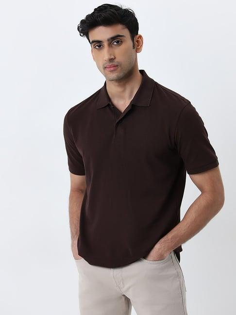 wes casuals by westside dark brown slim-fit cotton blend polo t-shirt