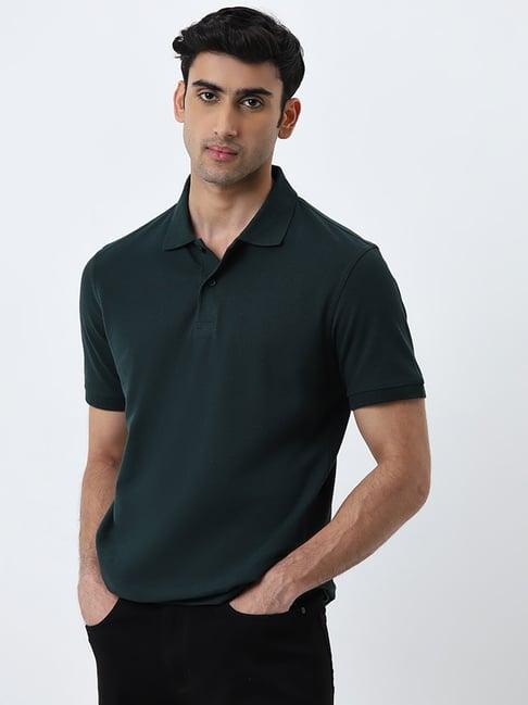 wes casuals by westside dark green slim-fit polo cotton blend t-shirt