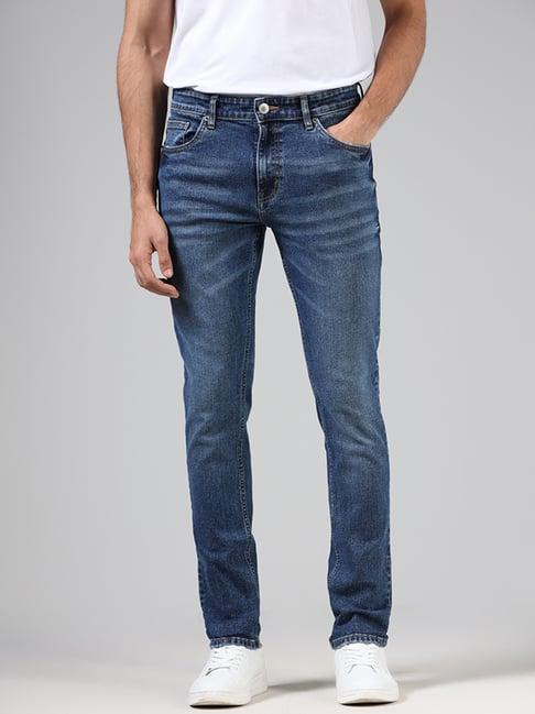 wes casuals by westside mid blue slim fit washed denim jeans