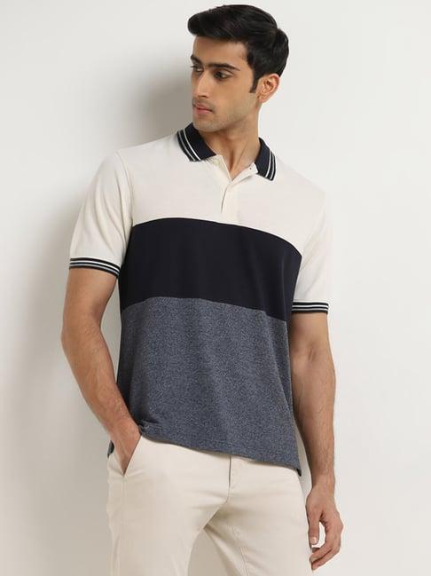 wes casuals by westside navy colour-blocked relaxed-fit polo t-shirt