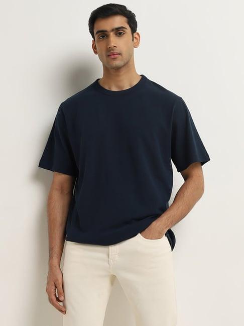 wes casuals by westside navy solid relaxed-fit cotton t-shirt