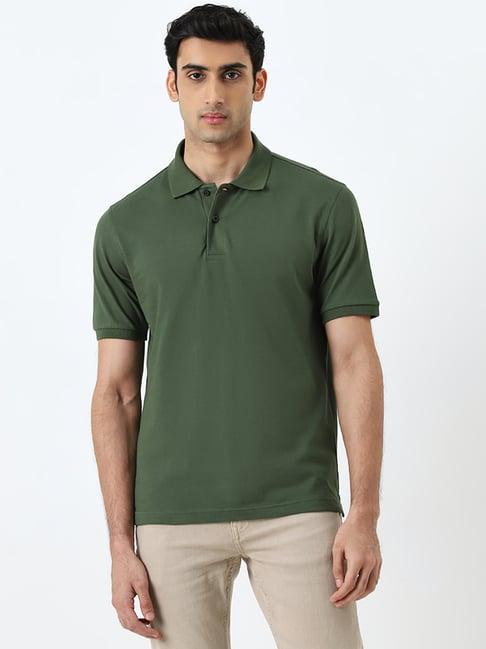 wes casuals by westside olive solid slim-fit polo cotton blend t-shirt