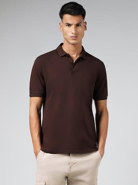 wes casuals by westside solid brown relaxed fit polo t-shirt