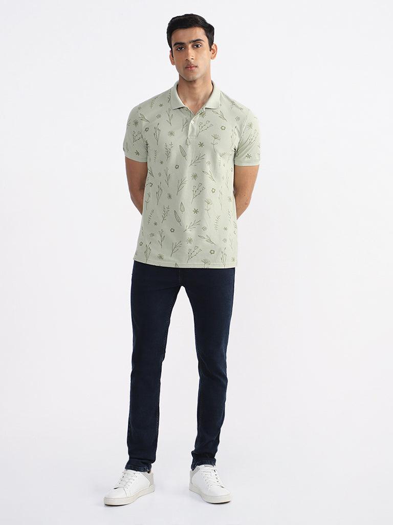 wes casuals sage floral printed slim fit polo t-shirt