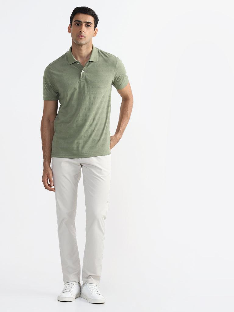 wes casuals sage self striped slim fit polo t-shirt