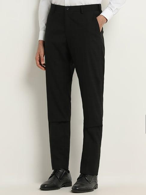 wes formals by westside black slim-fit mid-rise cotton blend trousers