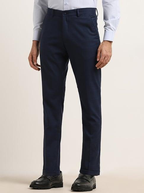 wes formals by westside dark blue checked carrot-fit mid-rise trousers