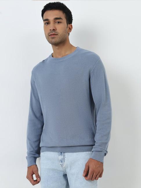 wes formals by westside dusty blue slim-fit knit-textured sweaters