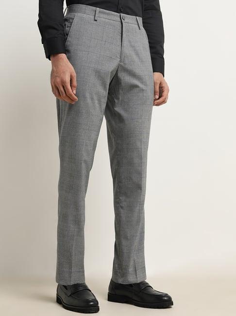 wes formals by westside grey checked slim-tapered mid-rise trousers