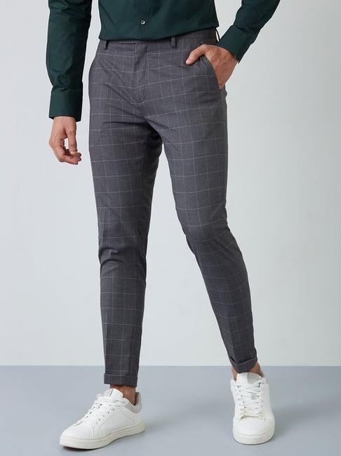 wes formals by westside grey checkered carrot-fit trousers