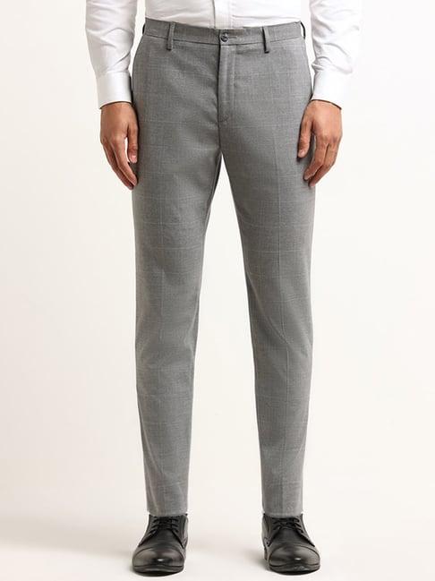 wes formals by westside grey mid-rise slim tapered fit checked trousers