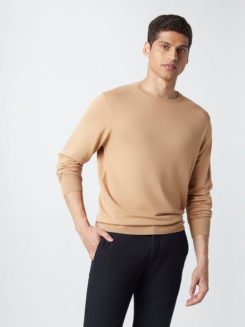 wes formals by westside light brown knitted slim-fit sweater