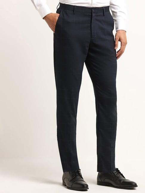 wes formals by westside navy mid-rise slim-tapered checked trousers