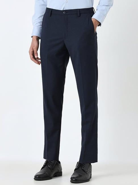 wes formals by westside navy patterned mid-rise carrot fit trousers