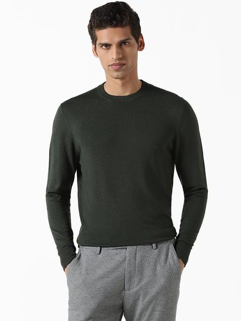 wes formals by westside solid forest green ribbed slim fit sweater