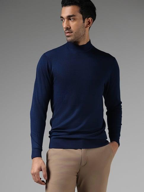 wes formals by westside solid indigo slim fit high neck sweater