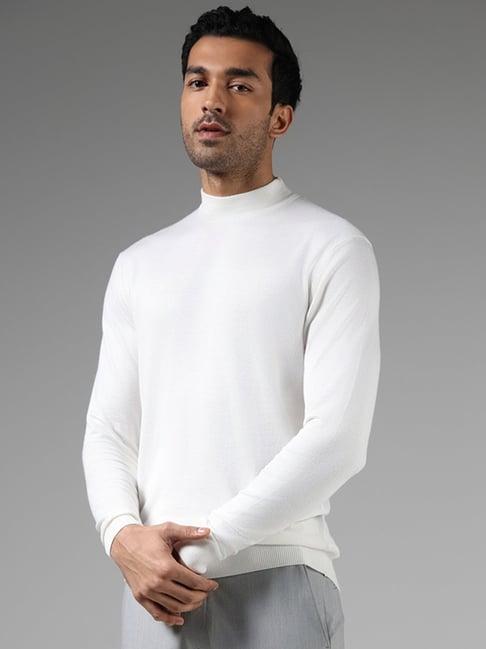 wes formals by westside solid off white slim fit high neck sweater