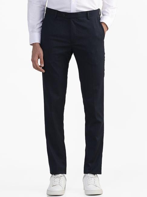 wes formals by westside striped navy blue ultra slim fit trousers