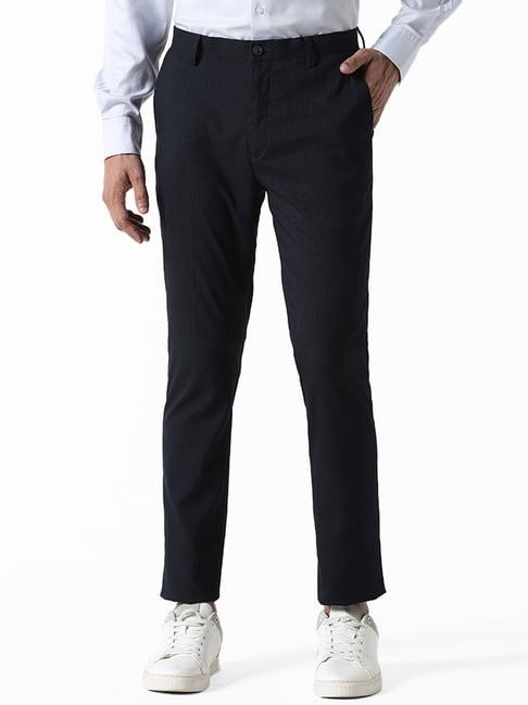 wes formals by westside striped navy blue ultra slim fit trousers