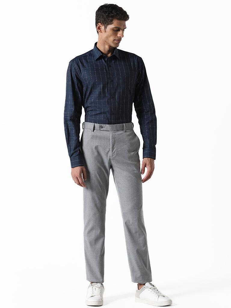 wes formals checked blue relaxed fit shirt