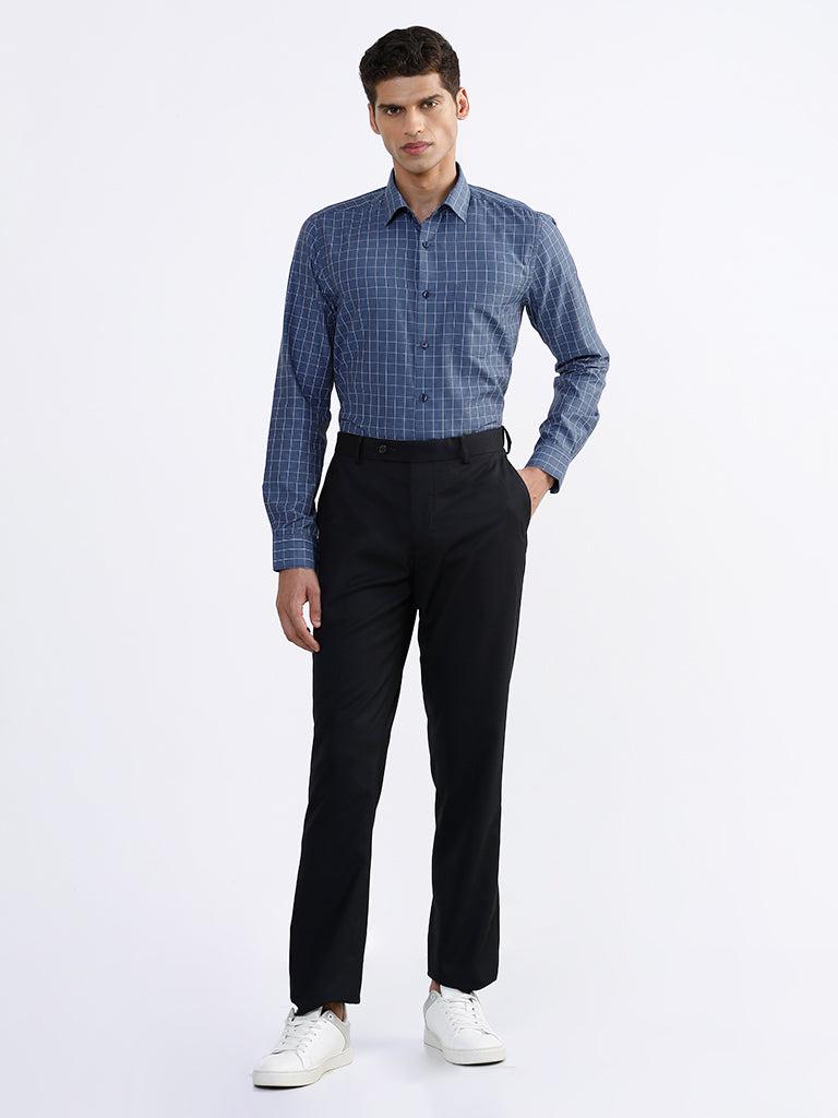 wes formals checked slim fit navy blue shirt