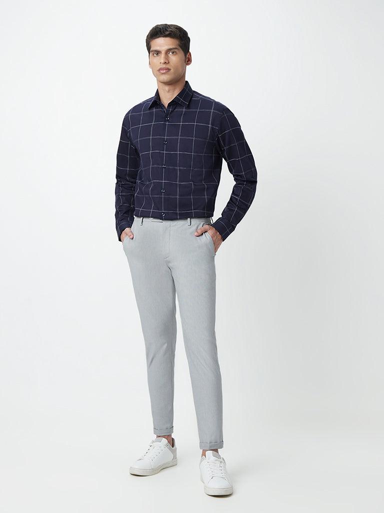 wes formals navy checkered relaxed-fit shirt