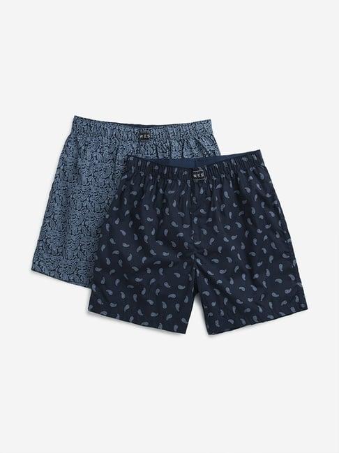 wes lounge by westside blue printed cotton boxers - pack of 2