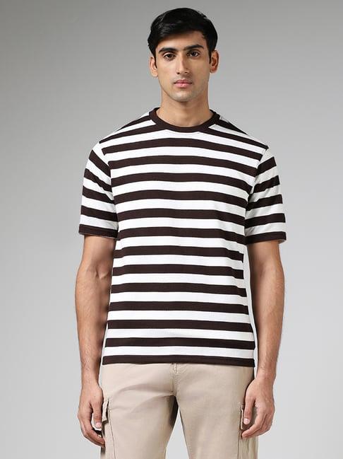 wes lounge by westside brown & white striped relaxed fit t-shirt